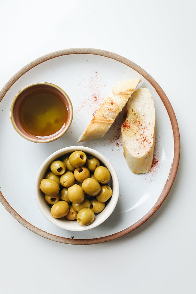 Mediterranean diet, bread olives and olive oil